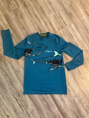 Magellan Outdoors Teal Long-Sleeve Kids Rashguard with Shark Graphic